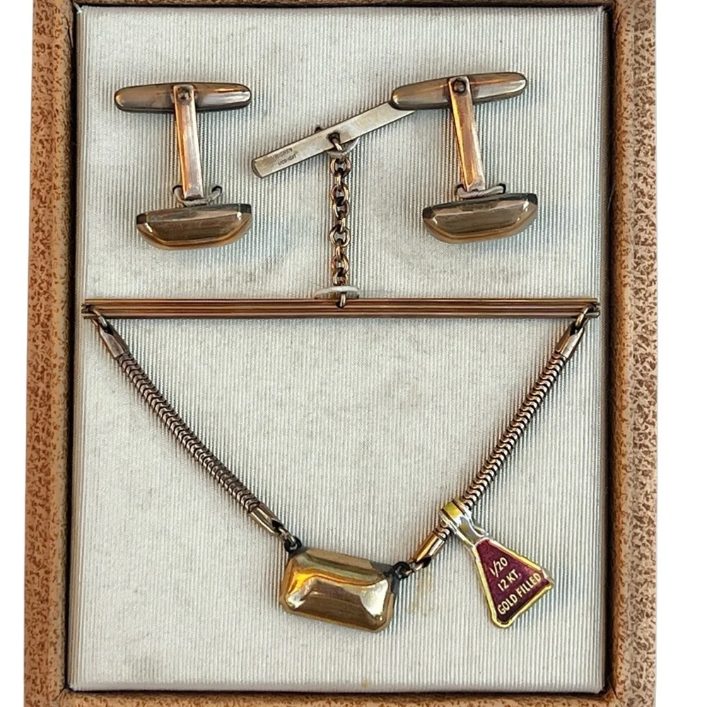 Bigney Tie Bar W/ Chain & Cufflinks gold filled 1/20 12KT VTG NRFB MCM Orig Box